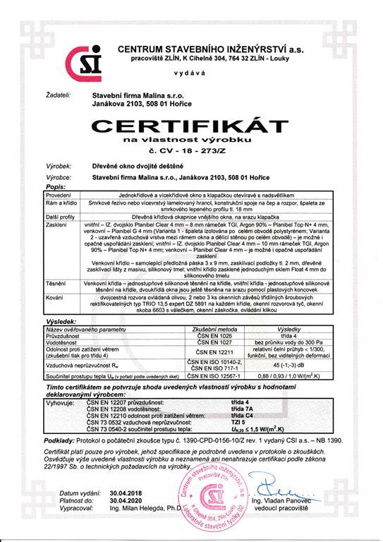 Certifikát technických parametrů špaletových oken od Centra stavebního inženýrství